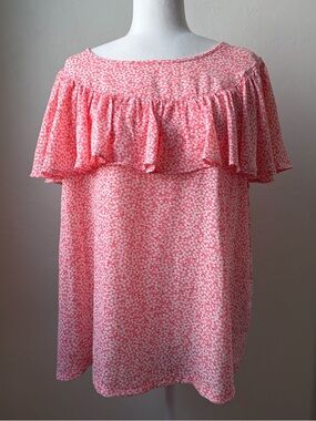 Ann Taylor Factory Pink Floral Ruffle Yoke Blouse Short Sleeve XXL